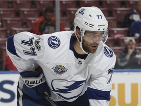 In this Sept. 28, 2017, file photo, Tampa Bay Lightning defenseman Victor Hedman prepares for a face-off against the Florida Panthers in pre-season play.