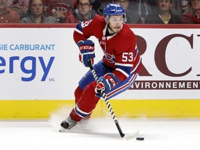 Canadiens defenceman Victor Mete looks for an open man during NHL action against the Columbus Blue Jackets at the Bell Centre in Montreal on Nov. 14, 2017.