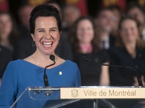 Montreal Mayor Valérie Plante is all smiles as she addresses crowd during her swearing-in ceremony on Thursday, Nov. 16, 2017.