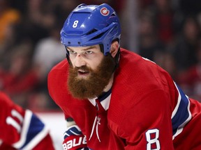 Montreal Canadiens defenceman Jordie Benn waits for the puck to be dropped during second period against the Arizona Coyotes in Montreal on Nov. 16, 2017.