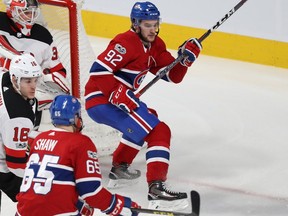 "I showed up at training camp and the first thing they did was put me at centre," says Montreal Canadiens' Jonathan Drouin, in action in Montreal on Dec. 14, 2017, against the New Jersey Devils.