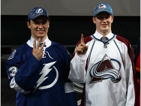 No. 3 overall selection Jonathan Drouin of Tampa Bay Lightning and top pick Nathan Mackinnon of the Colorado Avalanche pose during the 2013 NHL Draft at the Prudential Center on June 30, 2013, in Newark, New Jersey.