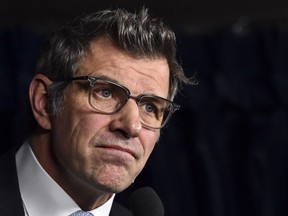 General manager of the Montreal Canadiens Marc Bergevin addresses the media prior to the NHL game against the Vancouver Canucks at the Bell Centre on January 7, 2018 in Montreal.