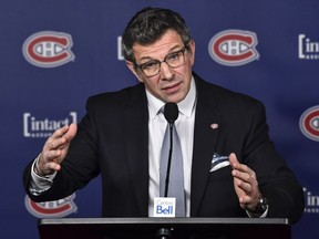 Canadiens general manager Marc Bergevin addresses the media prior to a game against the Vancouver Canucks at the Bell Centre on Jan.  7, 2018, in Montreal.