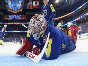 Carey Price #31 of the Montreal Canadiens gives up a goal during the 2018 Honda NHL All-Star Game between the Atlantic Division and the Metropolitan Divison at Amalie Arena on January 28, 2018 in Tampa, Florida.