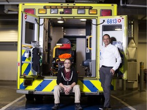 Saleem Razack, right, pediatric intensive care physician, and Samir Shaheen-Hussain, pediatric emergency physician, pose in the ambulance hangar inside the Montreal Children's Hospital on Jan. 19, 2018.