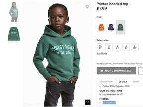 H&M has apologized for posting this ad for a hoodie and removed the image, but kept in place other designs modeled by white children.