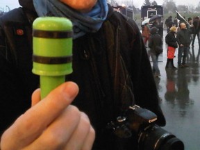 A man holds up a rubber bullet that was launched by police officers during a violent riot in Victoriaville on Friday, May 4, 2012. Several of these bullets were fired at protesters as police attempted to break up the riot, which lasted for nearly two hours.