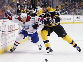 Bruins defenceman Zdeno Chara checks the Canadiens' Brendan Gallagher during NHL game at TD Garden in Boston on Feb. 12, 2017. The Bruins won 4-0.
