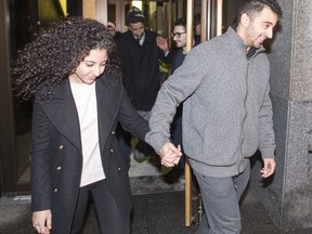 Sabrine Djermane and El Mahdi Jamali leave the courthouse in Montreal on Dec. 19 after being acquitted of terror related charges.