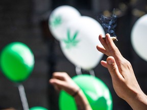 A man holds a joint as he takes part in a march in favour of marijuana legalization on Rachel St. in Montreal on Saturday, May 4, 2013.