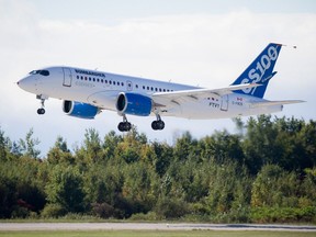 The Bombardier C Series aircraft flight test vehicle one (FTV1) takes off during its maiden flight at the Montreal-Mirabel International Airport in Mirabel, 50 kilometres north of Montreal on Monday, September 16, 2013.