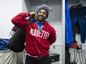 Montreal Alouettes running back Tyrell Sutton packs up his belongings as they team cleans out their lockers in Montreal, Saturday, November 4, 2017.