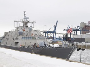 The USS Little Rock is shown moored in Montreal's old port, Sunday, January 21, 2018. A newly commissioned Navy warship will be wintering in Montreal after its journey to Florida was interrupted by cold and ice.