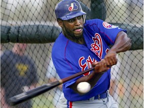 Expos star Vladimir Guerrero takes his first cuts of the season during a spring training workout on Feb. 20, 2003, in Viera, Fla.