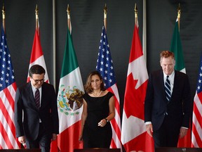 Minister of Foreign Affairs Chrystia Freeland, Ildefonso Guajardo Villarreal, left, and Ambassador Robert E. Lighthizer, United States Trade Representative. Canada will be hosting an annoyed and angry United States as the sixth round of talks in the North American Free Trade Agreement renegotiation unfold over the coming week.