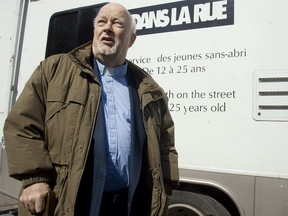 Father Emmett "Pops" Johns, founder of Dans La Rue, next to the shelter bus, following ceremony to honour him with a plaque on his 80th birthday on April 3, 2008.