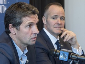 Newly appointed Montreal Impact head coach Rémi Garde responds to questions as team president Joey Saputo listens during a news conference in Montreal on Wednesday, November 8, 2017.