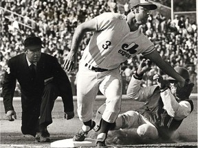 Expos third-baseman Bob Bailey tags out Phillies pitcher Lowell Palmer at Jarry Park in the early 1970s.