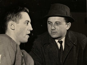 Montreal Canadiens' Jean Béliveau and Gazette reporter Red Fisher during the early 1960s.