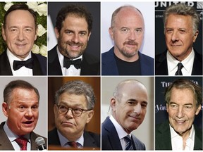 This combination photo shows, top row from left, Kevin Spacey, Brett Ratner, Louis C.K., Dustin Hoffman, and bottom row from left, former Alabama Senate candidate Roy Moore, Sen. Al Franken, D-Minn., former "Today" morning co-host Matt Lauer and former "CBS This Morning" co-host Charlie Rose, all of whom have been accused of sexual misconduct.