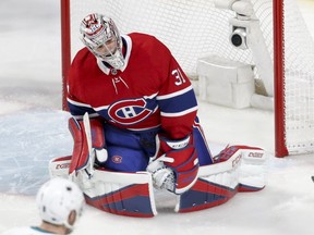 Montreal Canadiens goalie Carey Price's shoulders sag after giving up a goal to San Jose Sharks' Timo Meier in Montreal on Jan. 2, 2018.
