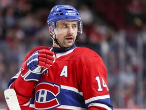 Canadiens centre Tomas Plekanec gets ready to take a face-off during first period of NHL game against the New York Islanders at the Bell Centre in Montreal on Jan. 15, 2018.