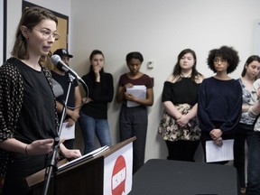 Students from different faculties listen as Leyla Sutherland, CSU student life co-ordinator, speaks during a press conference on Thursday, Feb. 1, 2018.