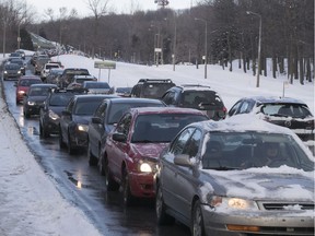 Cars are lined-up along Remembrance Road on Mount Royal on Tuesday February 6, 2018. The city of Montreal will block through traffic on Mount Royal, beginning this summer.
