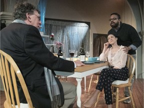 Timothy Hine, left, Denise Watt and Mike Payette in rehearsals for Alyson Grant’s latest play, Conversion, now on at Infinithéâtre’s converted-church venue in N.D.G.