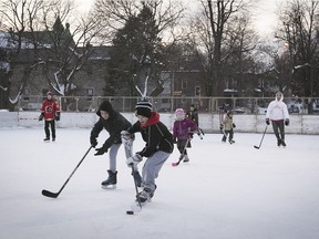 Shinny at N.D.G. Park. The effects of global warming are making for shorter outdoor hockey seasons, according to researchers.