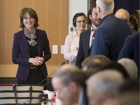 The minister responsible for the English-speaking community, Kathleen Weil, attends a forum to reach out to anglophones and get their feedback, at Concordia University in Montreal, Saturday Feb. 16, 2018.