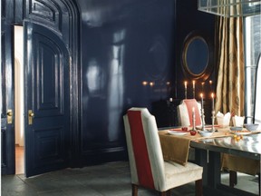 Benjamin Moore's Aura Semi-Gloss paint in Newburyport Blue adds drama and sheen to walls and trims.