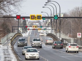 Traffic heads south on the Jacques Bizard Bridge which connects Pierrefonds to Île-Bizard.