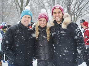 From left: Mathieu Darche and Julie du Page, spokespeople for the Ste-Justine Hospital Foundatio winter triathlon; Mathieu Roy, the event's master of ceremonies.