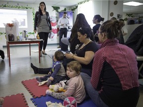 Marie-Eve Ménard speaks at the prenatal and young families' centre in Vaudreuil-Dorion on Monday.