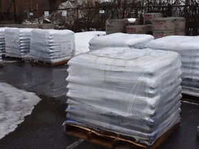 Bags of crushed gravel are stacked at the ready in Dorval.