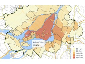 An interactive map on the Montreal Metropolitan Community website (cmm.qc.ca) indicates city by city the ratio of people who use public transit to get to work.