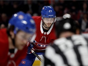 Canadiens left-winger Alex Galchenyuk waits for the puck to drop during NHL game against the New York Rangers at the Bell Centre in Montreal on Thursday, Feb. 22, 2018.