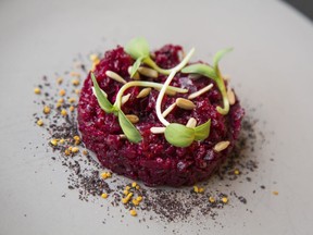 A timbale of smoked beet tartare with miso and bee pollen at Fieldstone on St-Laurent Blvd.