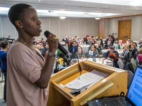 Moderator Nadia Bastien, the head of the intercultural relations and specific clients division of the city's Social Diversity and Sports service, speaks at seniors policy consultation session at the Cummings Centre on Monday, Feb. 26, 2018.