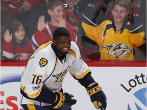 Nashville Predators' P.K. Subban gives young fans a thrill during warmup at the Bell Centre on March 2, 2017.