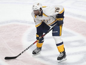 Nashville Predators' P.K. Subban stands on the Montreal Canadiens centre ice crest at the Bell Centre on March 2, 2017.