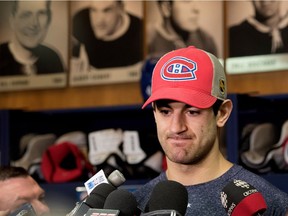 Canadiens captain Max Pacioretty speaks to the media as the team clears out their lockers at the Bell Sports Complex in Montreal on April 24, 2017 following first-round playoff loss to the New York Rangers.