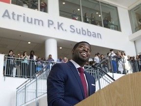P.K. Subban smiles during announcement on Sept. 16, 2015 that he is pledging to raise $10 million for the Montreal Children’s Hospital over seven years. The hospital responded with an atrium in his name.