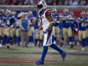 Montreal Alouettes defensive-end John Bowman reacts after making a play against the Winnipeg Blue Bombers  at Molson Stadium on Aug. 24, 2017.