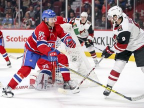 Canadiens defenceman Karl Alzner keeps an eye on Arizona Coyotes' Tobias Rieder in Montreal on Nov. 16, 2017.