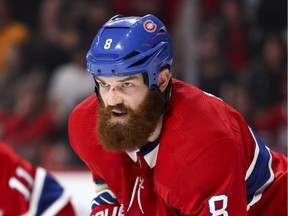 Montreal Canadiens defenceman Jordie Benn waits for the puck to be dropped during second period of National Hockey League game against the Arizona Coyotes in Montreal on Nov. 16, 2017.