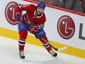 Canadiens defenceman Jakub Jerabek makes pass during first period of NHL game against the Calgary Flames at the Bell Centre in Montreal on Dec. 7, 2017.
