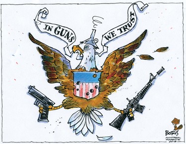 Boris editorial cartoon: In guns we trust